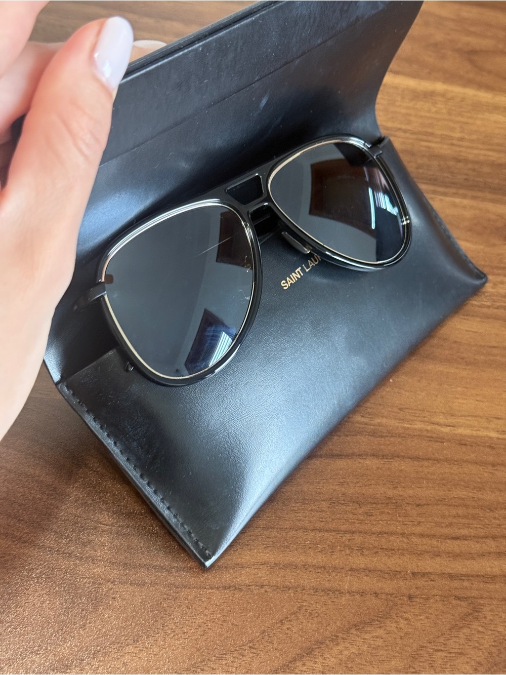 Saint Laurent Black Frame Dark Lens Pilot Sunglasses